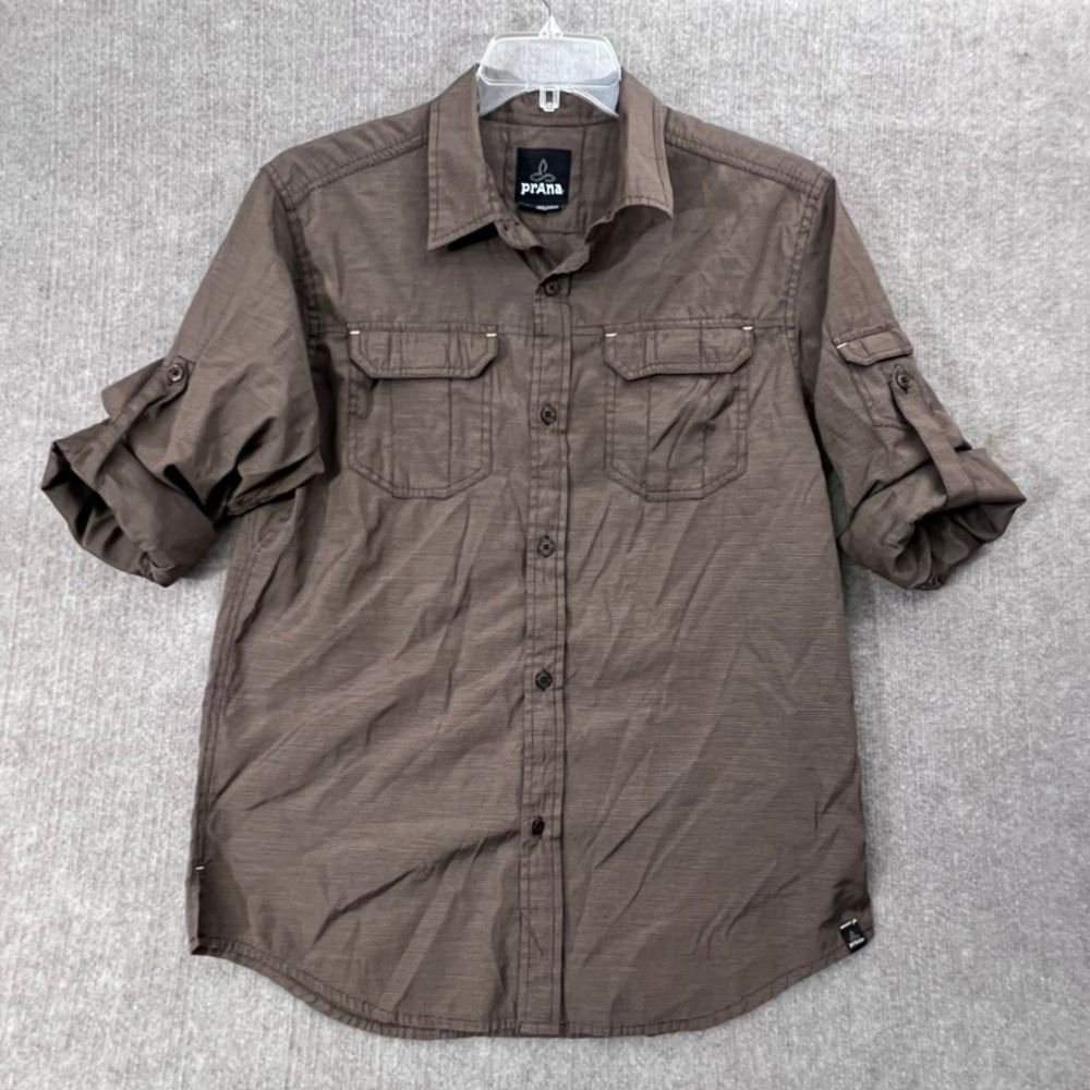 Prana Mens Medium Brown Short Roll‎ Sleeve Button Down Shirt Top
